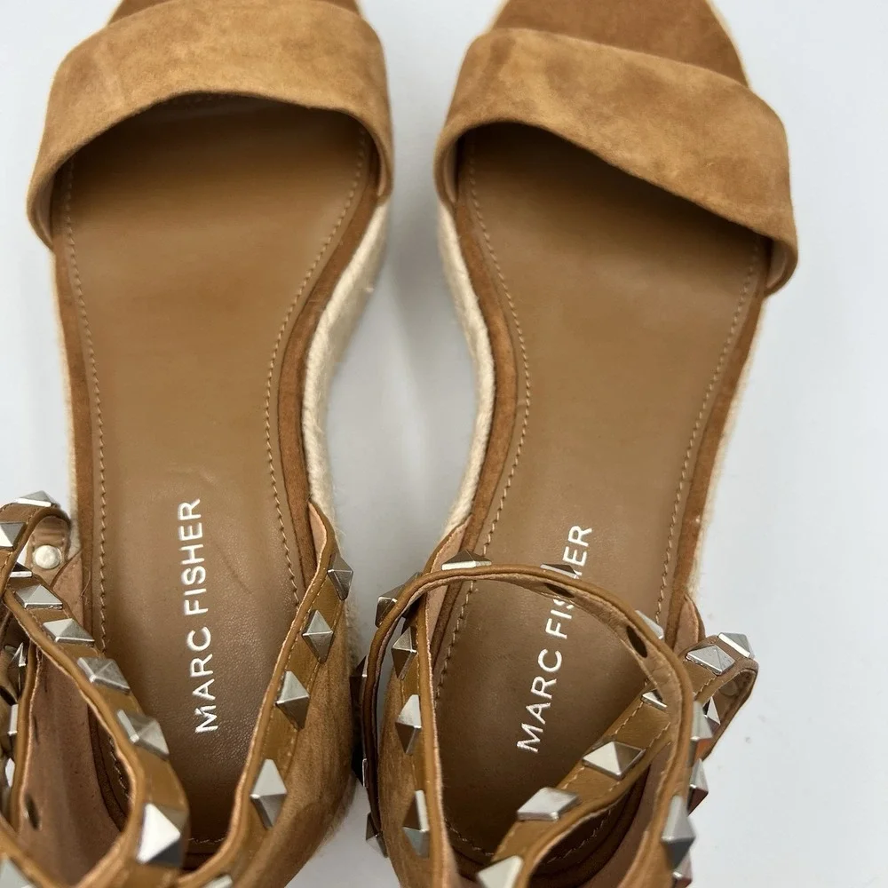Marc Fisher Jazlyn Espadrille Wedge Sandals Studded Brown Tan Suede Women's 7M